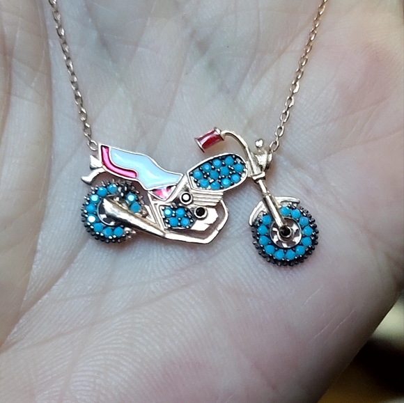 COPY - Turquoise & Onyx enamel sterling & rose gold Motorcycle necklace 18" - Picture 5 of 9